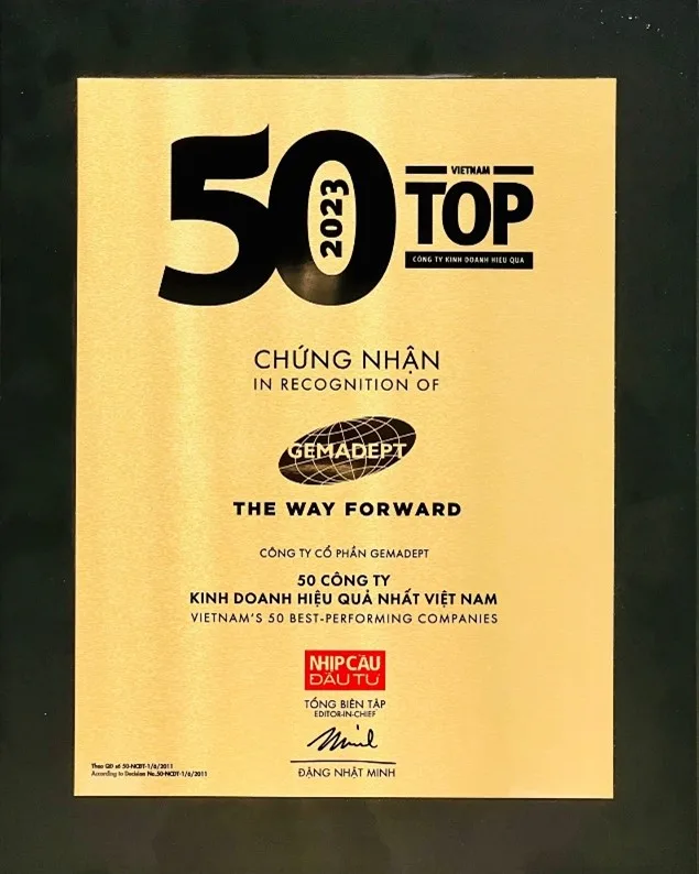 Gemadept was honored in the list of Top 50 best-performing companies in Vietnam 2023